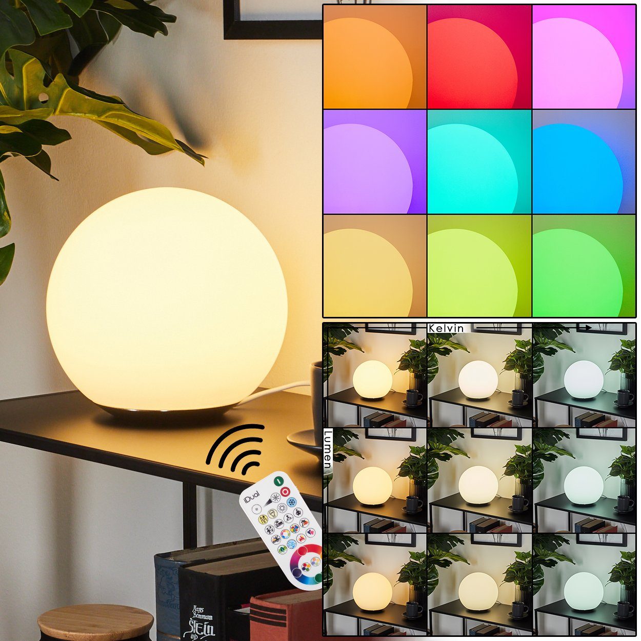 hofstein Tischleuchte Turrida Kugelleuchte aus Metall/Kunststoff in Nickel-matt/Weiß, 6500 Kelvin, RGB Farbwechsler, dimmbar/ änderbar mit Fernbedienung, LED, 500 Lumen