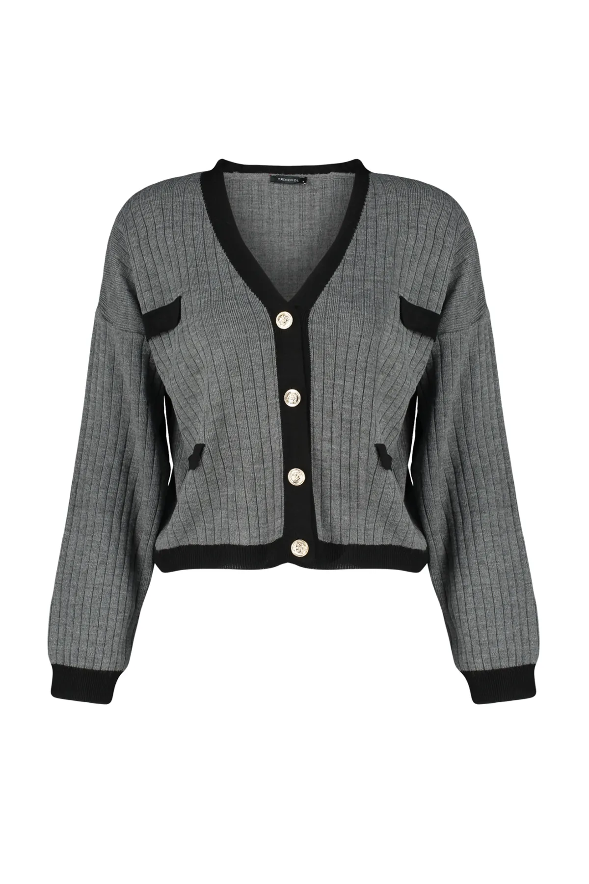 Trendyol Collection  Anthrazitfarbene Strick-Cardigan mit Farbblockdesign TWOAW24HI00161