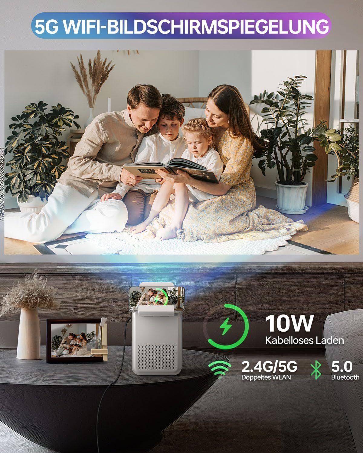 QIAOLET Portabler Projektor (200 lm, 1920 x 1080 px, Bluetooth und 5G WiFi Native Tragbarer Kompatibel mit Handy,iPhone)
