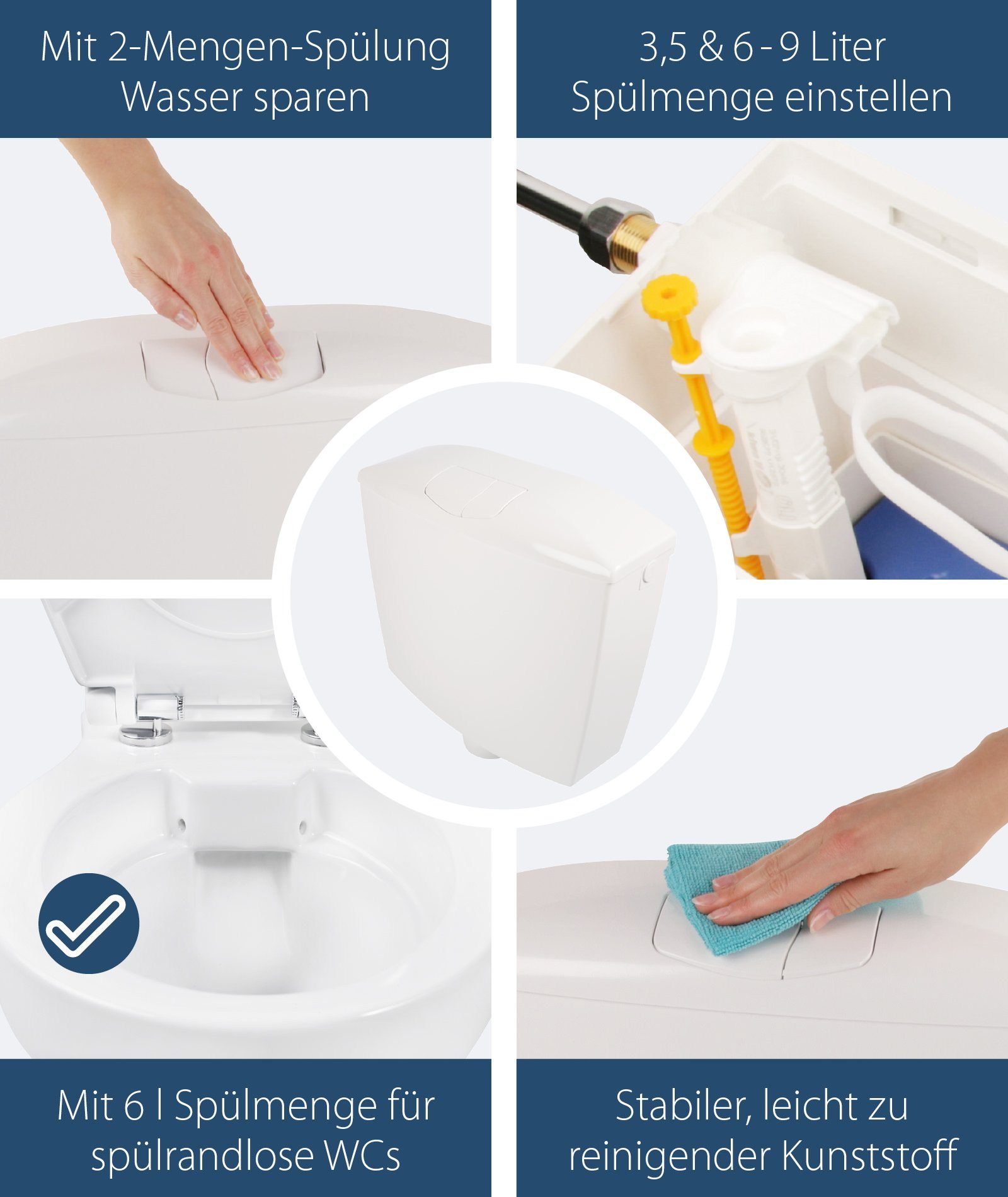 SANITOP WINGENROTH Spülkasten Karat, 9 l, Komplett-Set, Anschluss links oder rechts, Anschlussset hinten separat, Aufputzspülkasten, Weiß, Zwei-Mengen-Technik, Sparspülung, 210492