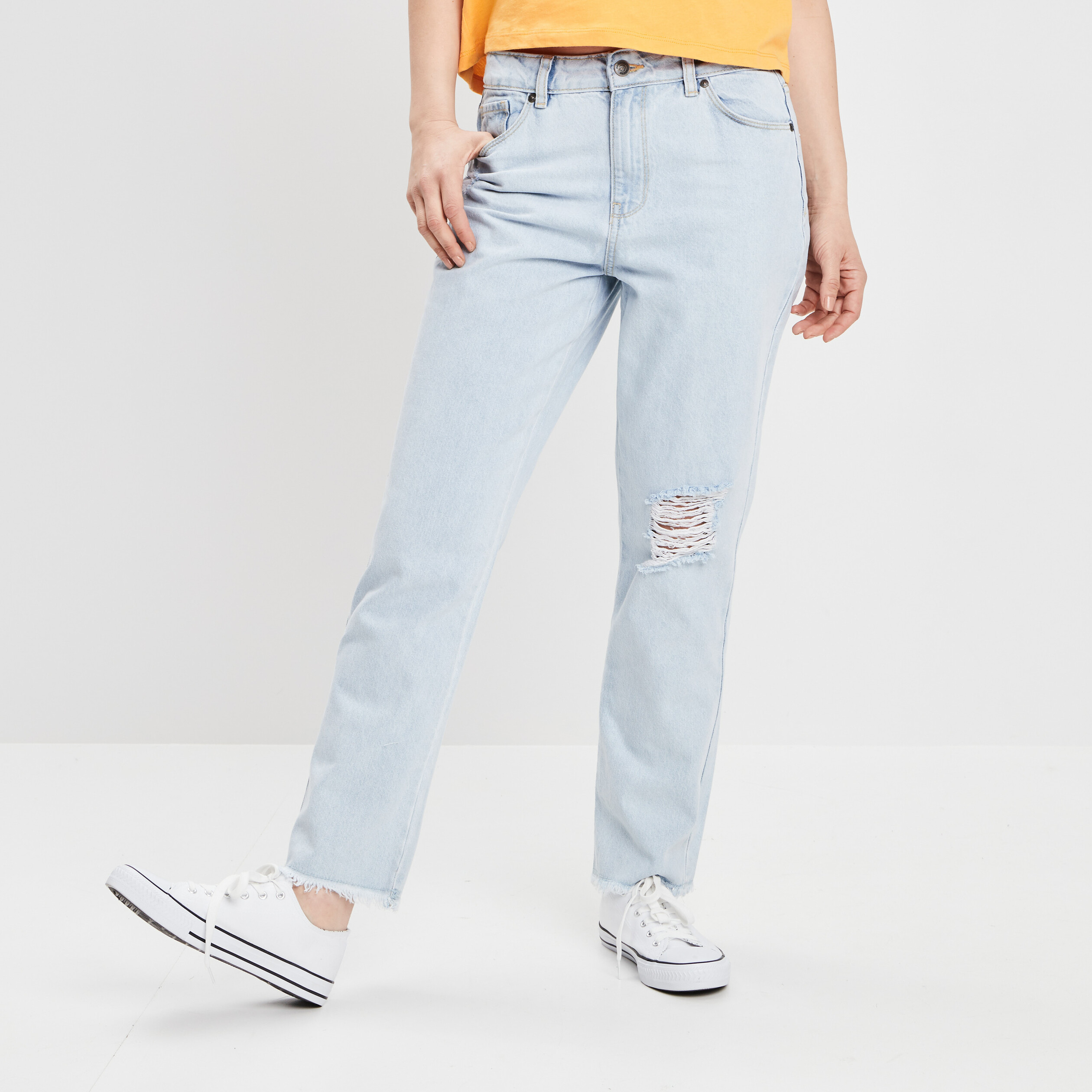 Jeans mom taille haute 7 8ème denim bleach femme | La Halle