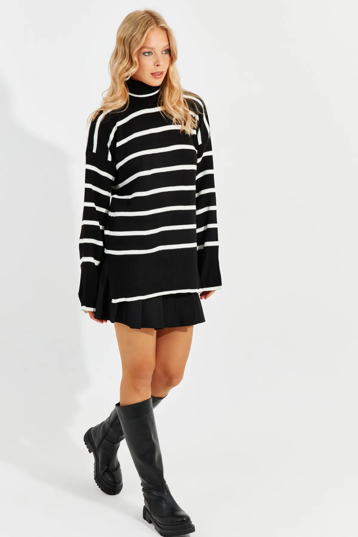 Cool & Sexy  Schwarzer Rollkragenpullover mit Streifen für Damen Q976