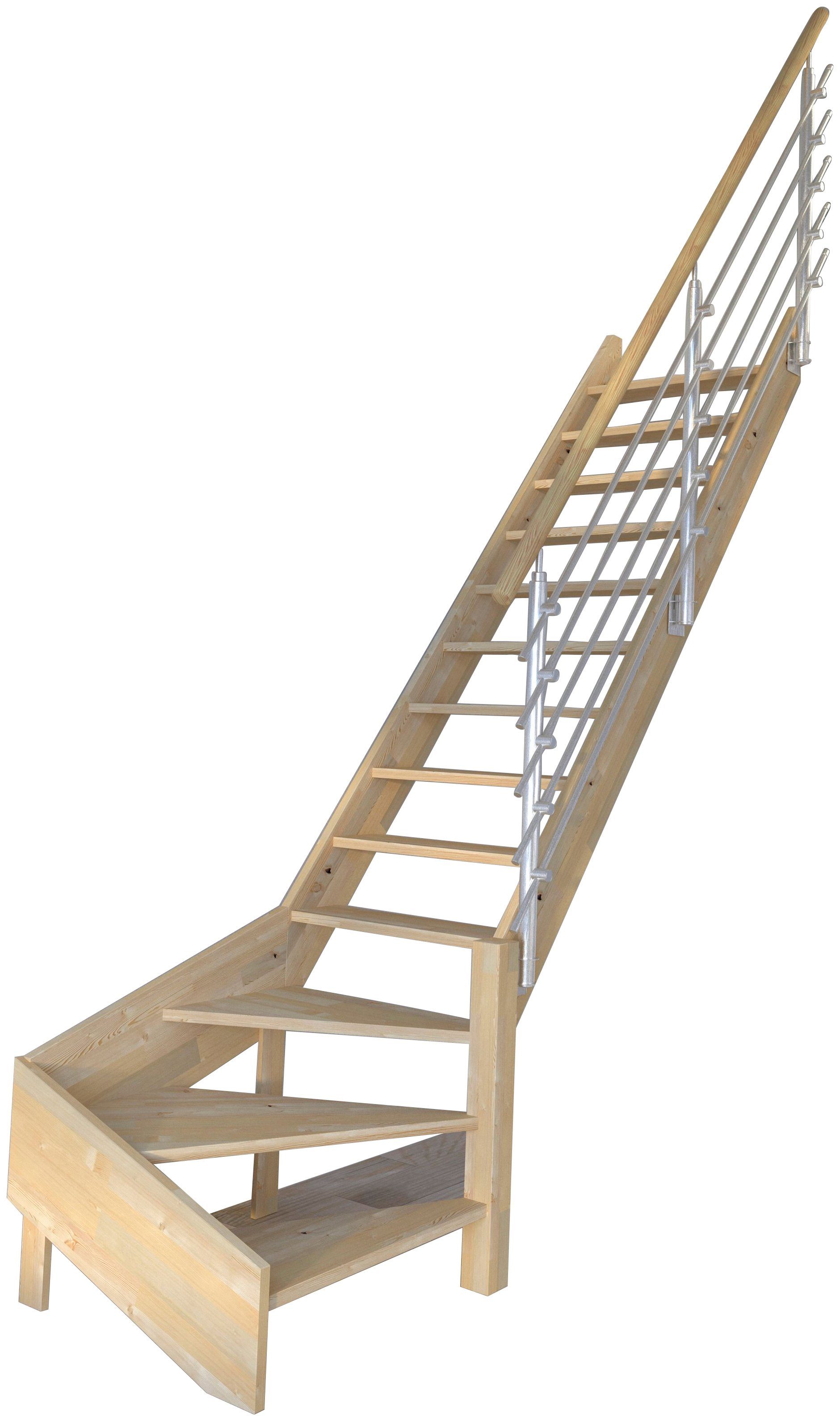 Starwood Raumspartreppe Massivholz Korfu, Design-Geländer Edelstahl, für Geschosshöhen bis 300 cm, Stufen offen, gewendelt Rechts, Durchgehende Wangenteile