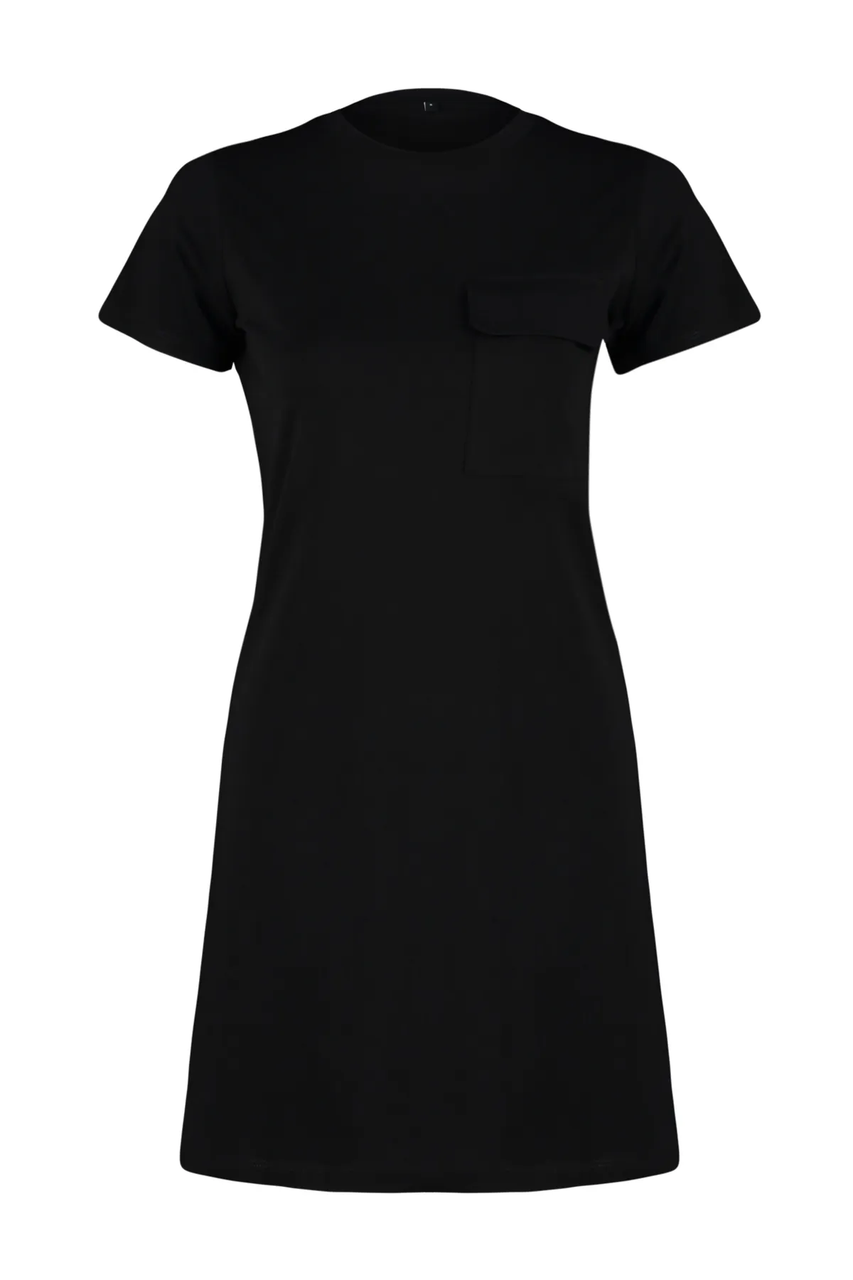 Trendyol Collection  Schwarzes, gestricktes T-Shirt-Kleid aus 100 % Baumwolle mit Taschen, Rundhalsausschnitt und kurzen Ärmeln TWOSS24EL00120