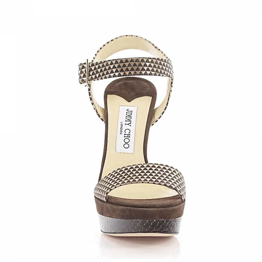 Jimmy Choo - Sandalen Dora Plateau Leder gold metallic finished Veloursleder braun Schlangenprägung - beige