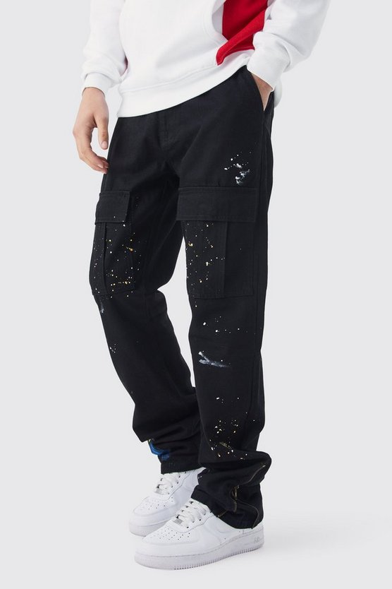 Slim-Fit Cargohose mit Reißverschluss und Farbspritzern