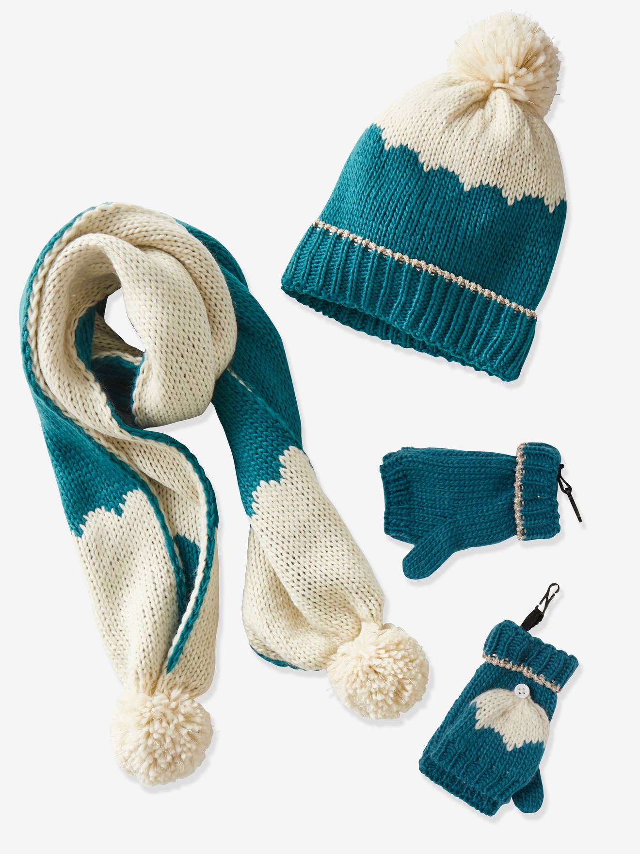 Ensemble fille bonnet + écharpe + moufles/mitaines bleu