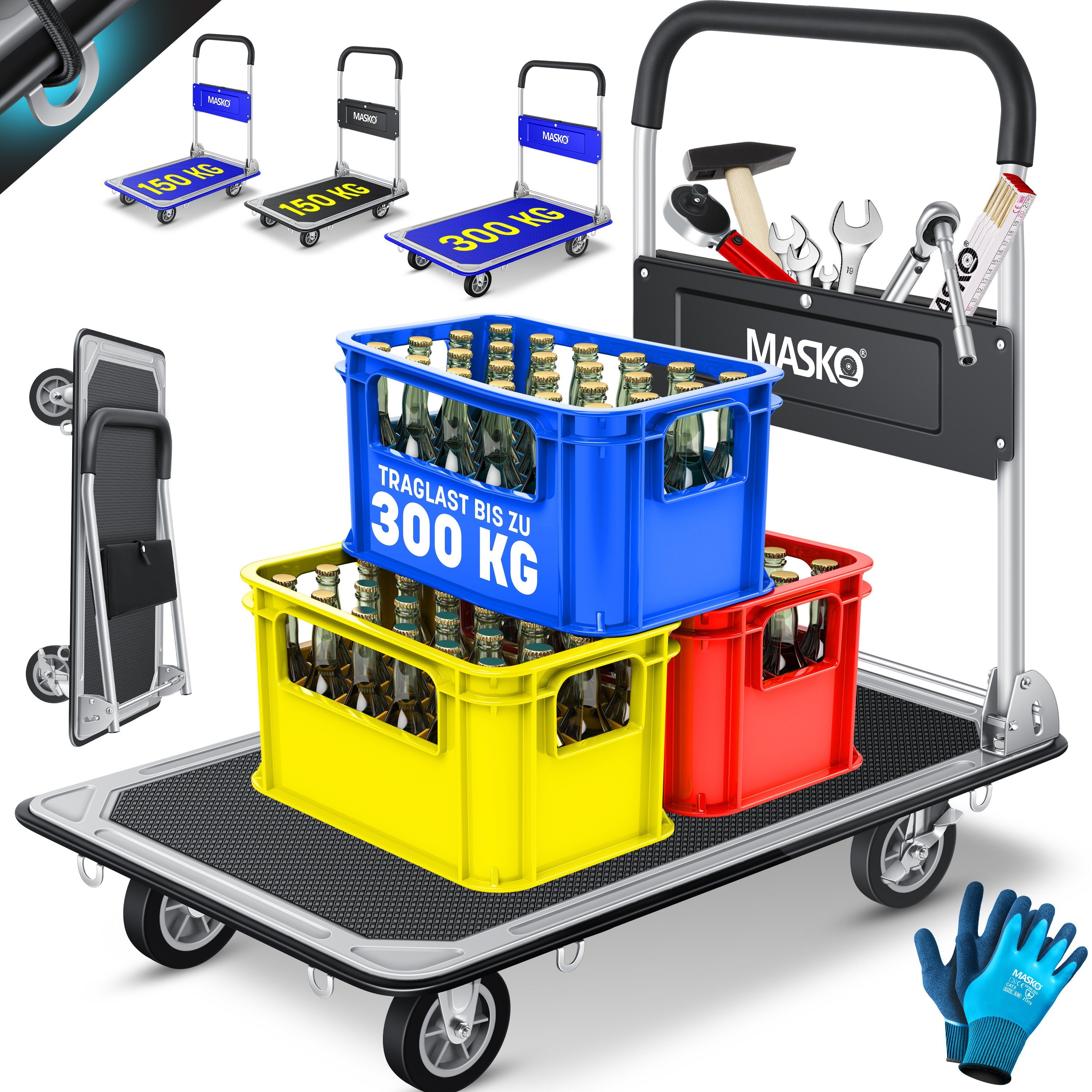 MASKO Transportwagen, Plattformwagen Lagerwagen Klappbar Inkl. Arbeitshandschuhe