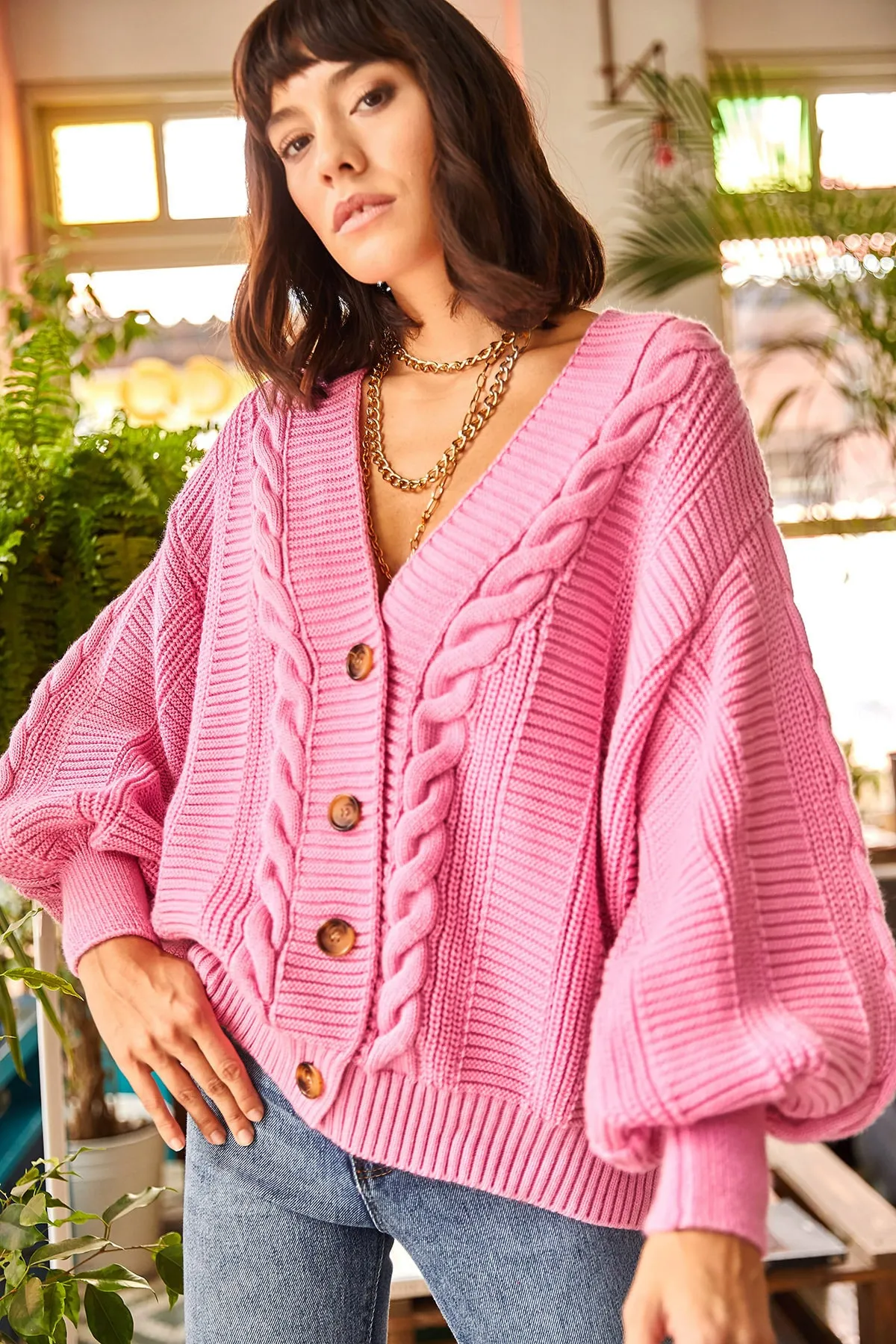 Olalook  Rosa Strickjacke aus geflochtenem Strick für dickes Haar für Damen HRK-19000082