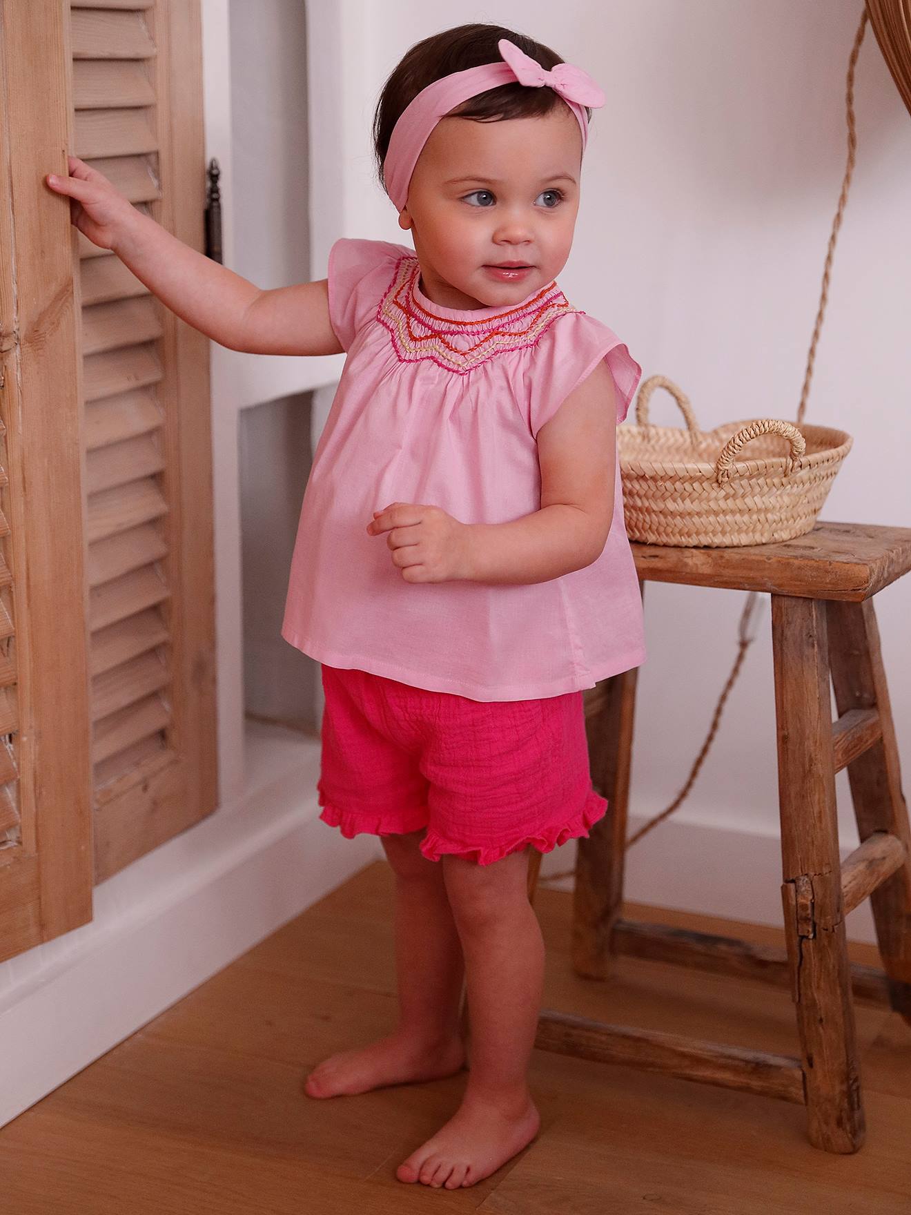 Vertbaudet Mädchen Baby-Set: Bluse, Shorts & Haarband - rosa