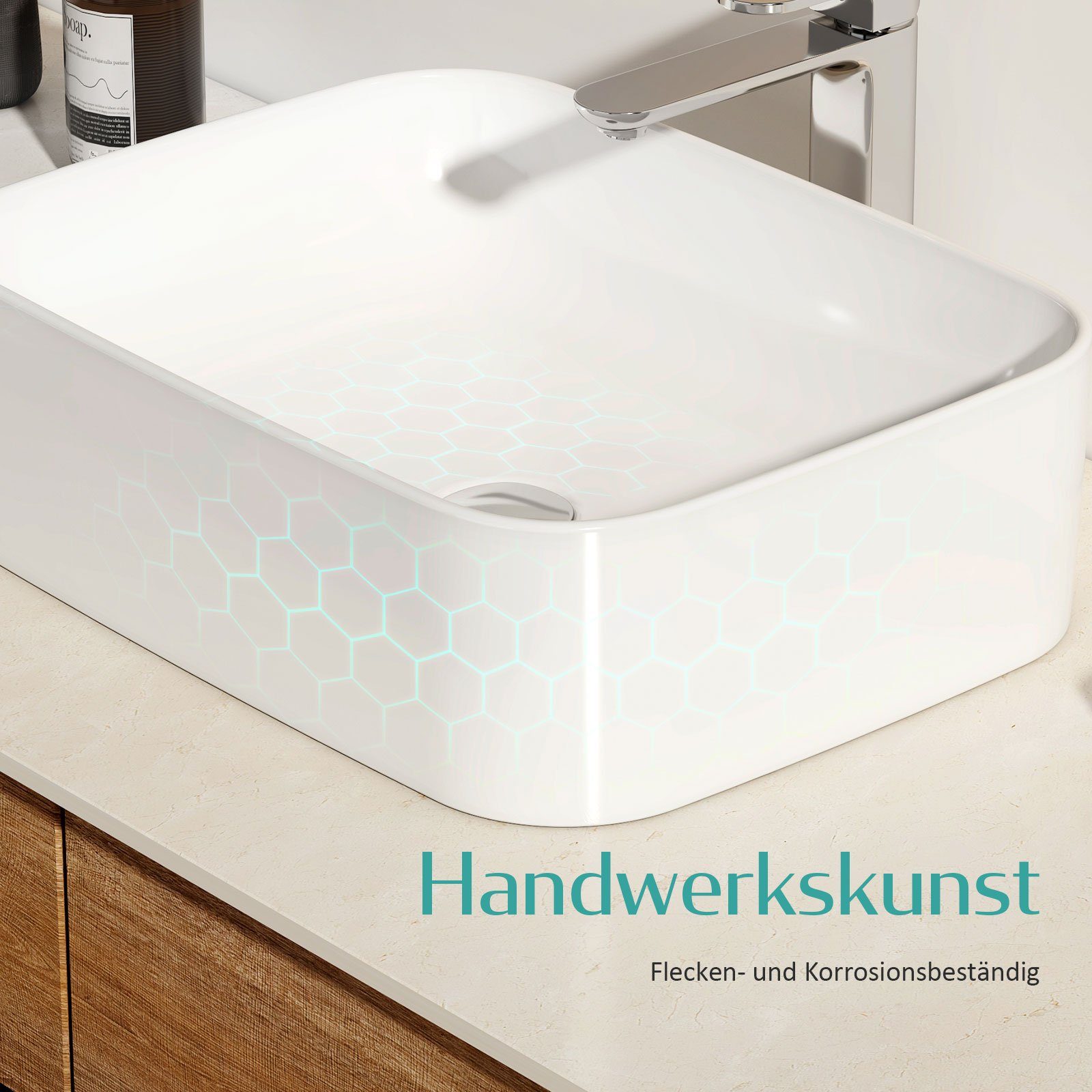 EMKE Aufsatzwaschbecken Eckiger Waschbecken Keramik Waschbecken Waschtisch Weiß Glänzend