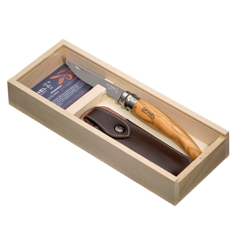 Messer - Opinel n.10 inox mod. Filet mit Olivenholzgriff, Scheide und Holzkiste.