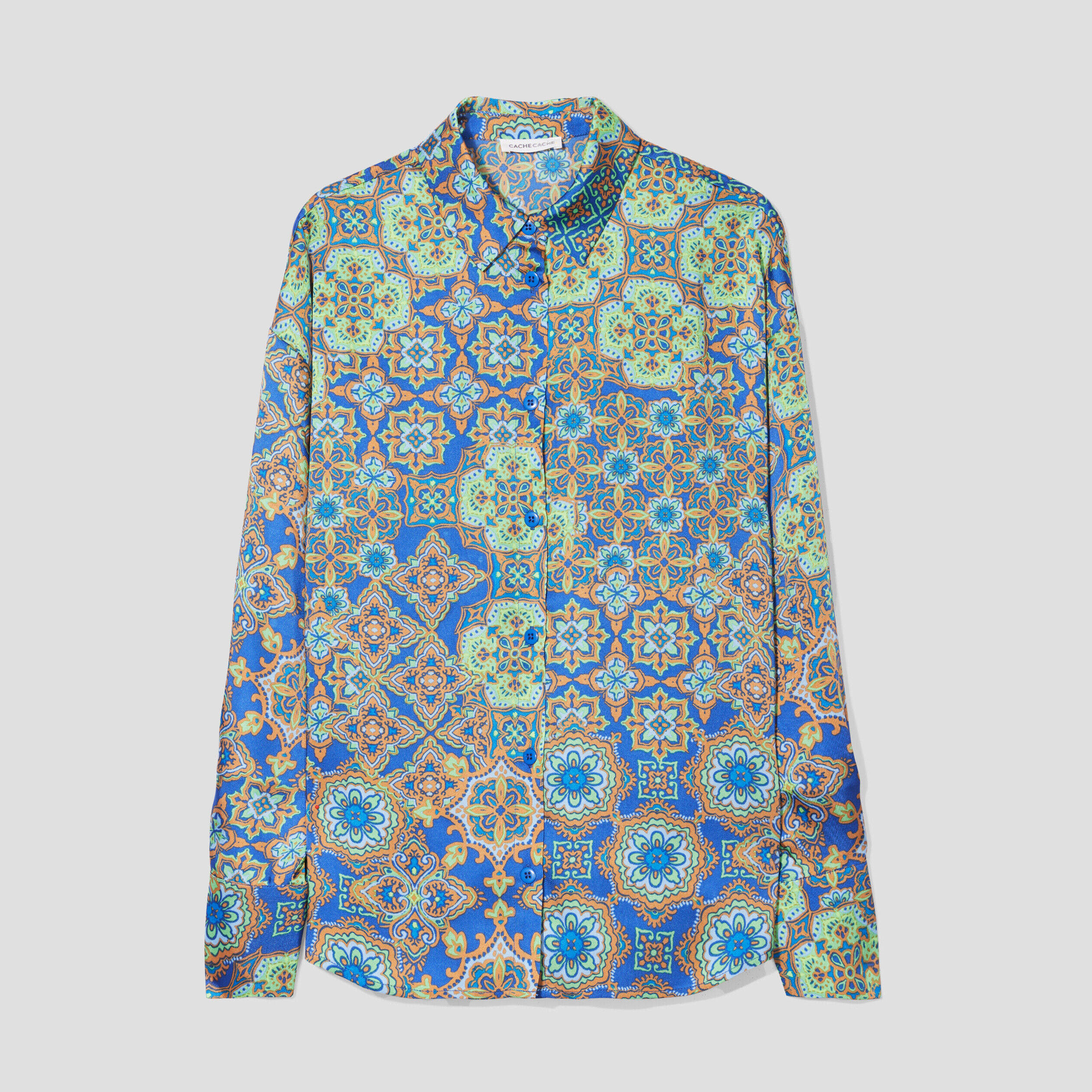 Chemise manches longues satin bleu roi femme | Cache Cache