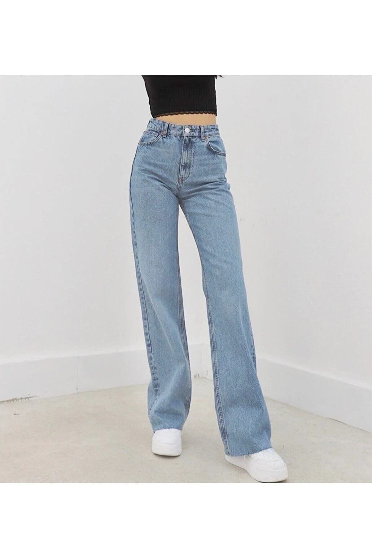 LİMABEL  Snow Wash Loose Denim-Hose Blue Snow Lycra Palazzo