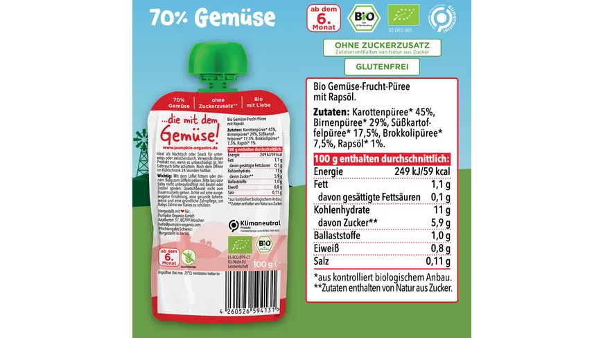 pumpkin organics Bio Quetschie Karotte, Birne, Süßkartoffel, Brokkoli 100 g