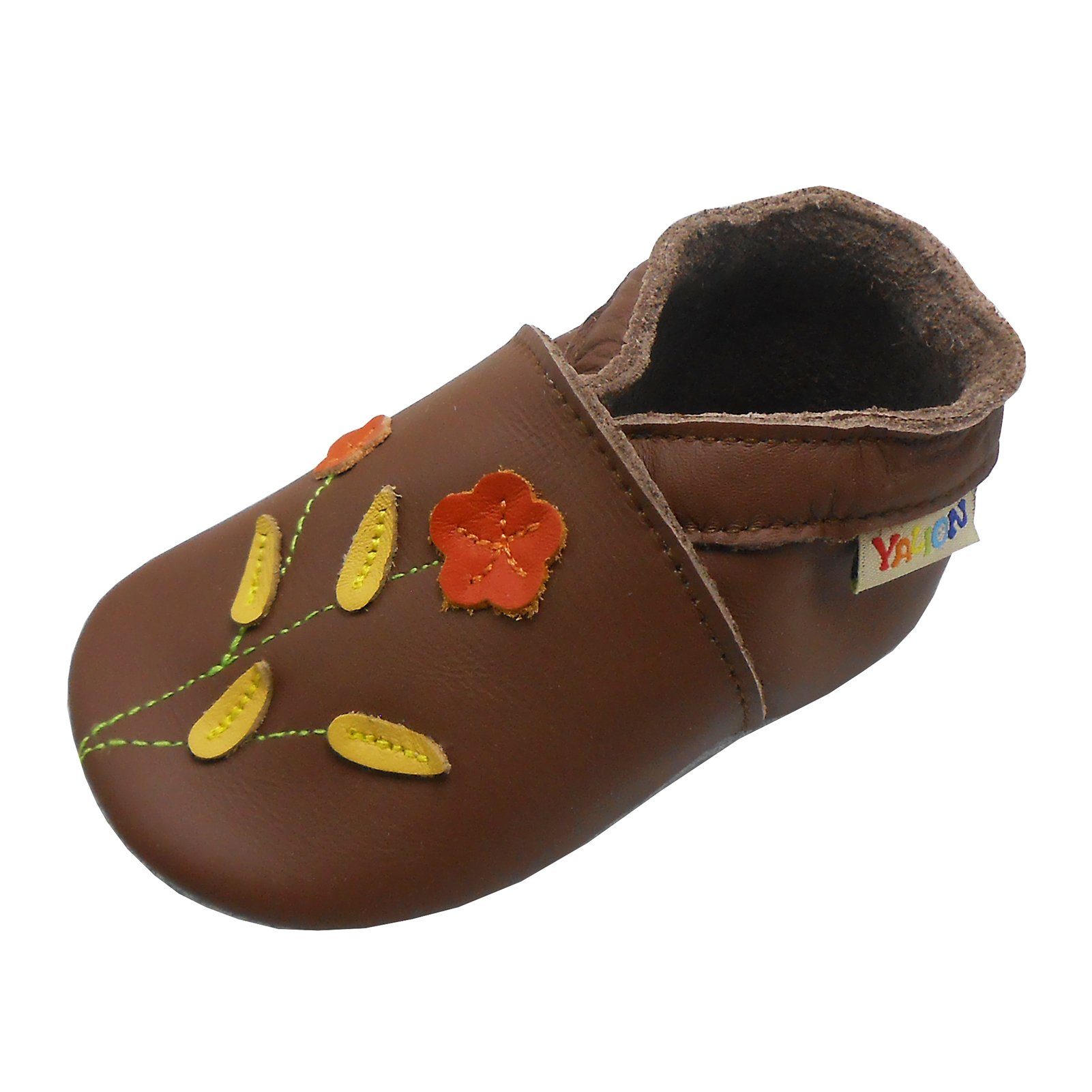 Yalion Weiche Leder Lauflernschuhe Hausschuhe Lederpuschen Zwei-Blumen-Braun Krabbelschuh