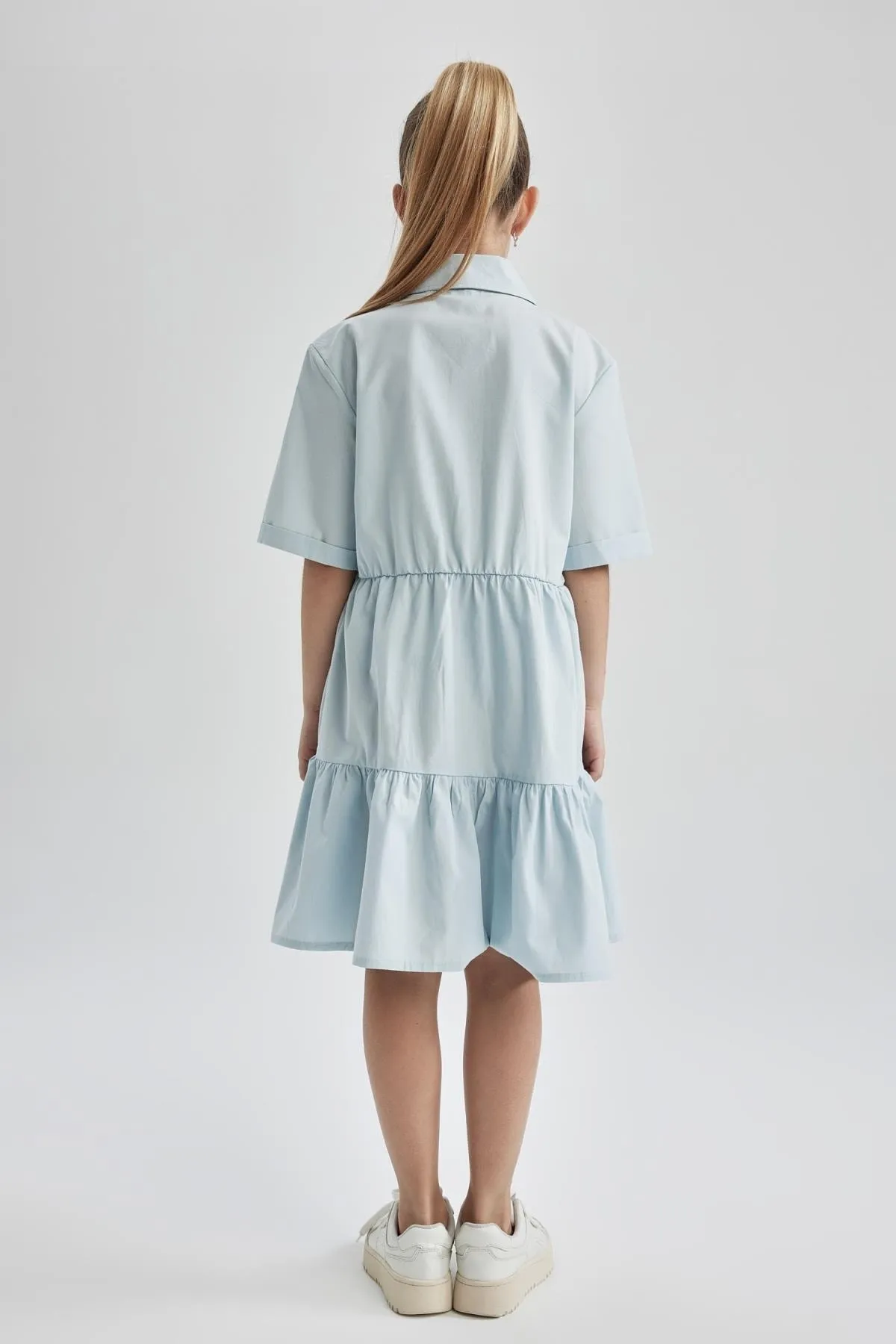 DeFacto  Kurzarm-Midikleid aus Baumwollpopeline mit normaler Passform und Hemdkragen für Mädchen