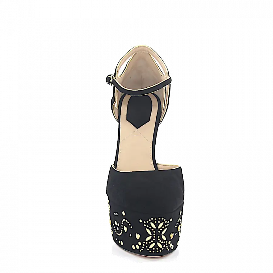 Elie Saab - Plateaupumps Kristallverzierung Nieten Schmuckstein schwarz gold - schwarz