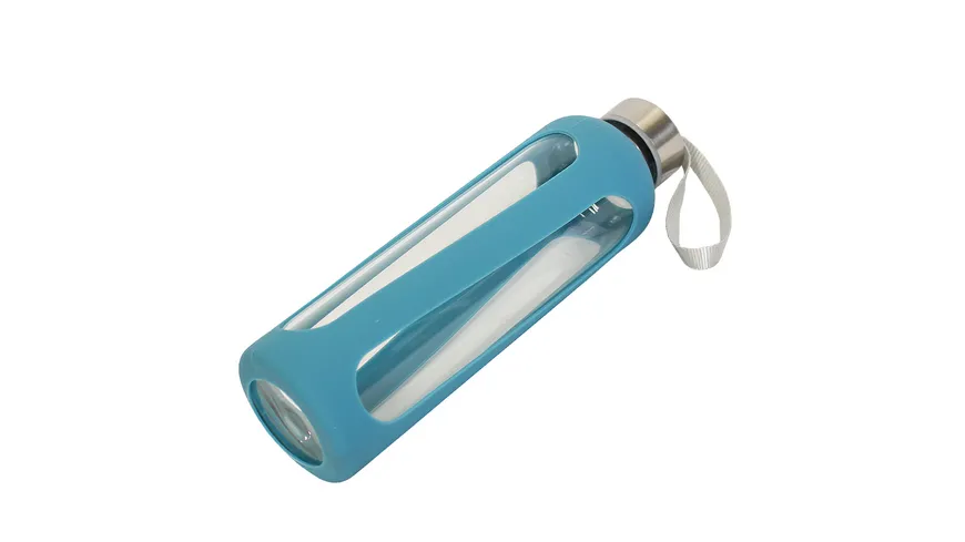 TRENDSHOP Trinkflasche aus Glas mit Silikonmantel 0,6l blue