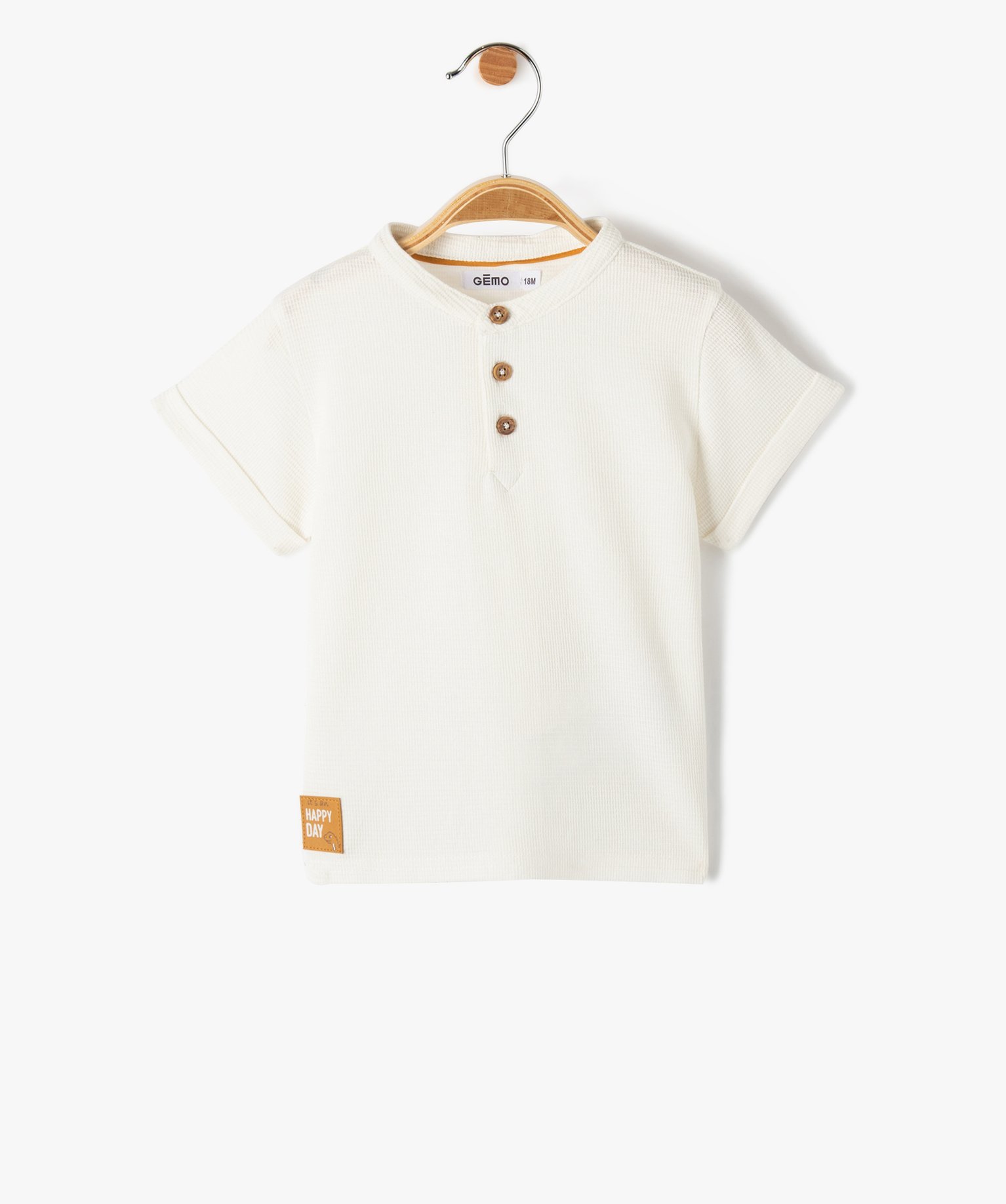 Tee-shirt bébé Garçon à col tunisien en nid d'abeille ecru | GEMO