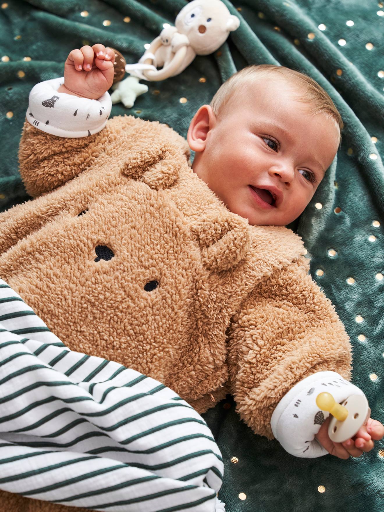Vertbaudet Baby Winterschlafsack GRÜNER WALD, Ärmel abnehmbar Oeko Tex - braun/bär