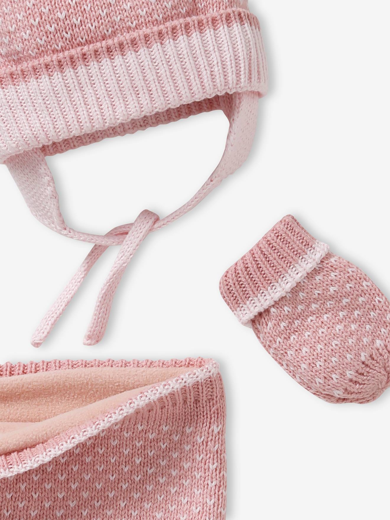 Ensemble en maille jacquard bonnet + snood + moufles bébé fille rose