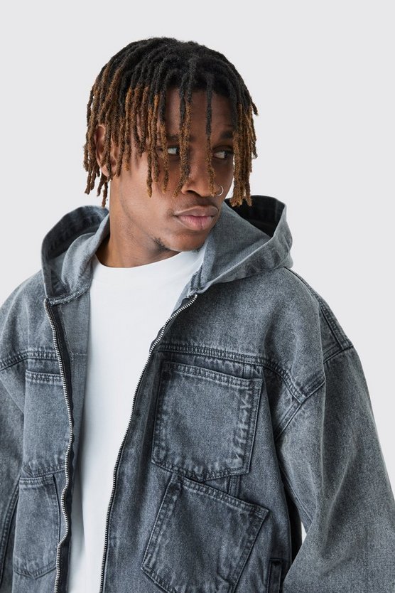 Tall Denim-Hoodie mit Acid-Waschung
