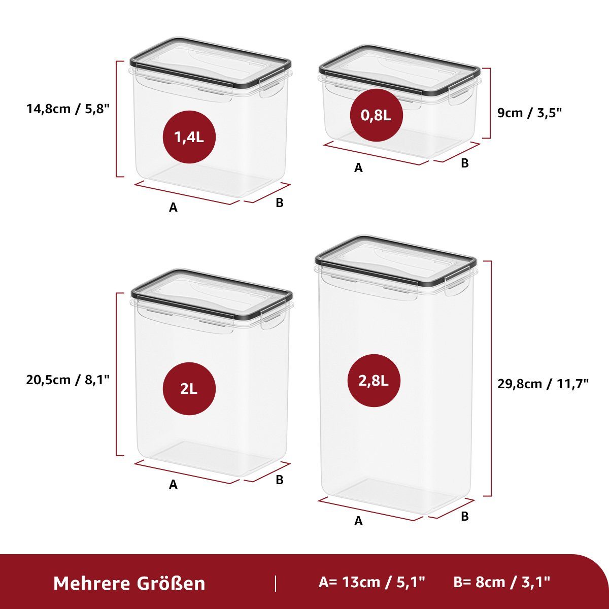 MULISOFT Vorratsdose 16er Set Vorratsdosen, Vorratsgläser, Aufbewahrungsbox Küche Organizer, Polyprophylen (PP), (22-tlg), Spülmaschinenfest, mikrowellengeeignet, 0,8 / 1,4 / 2,0 / 2,8 L
