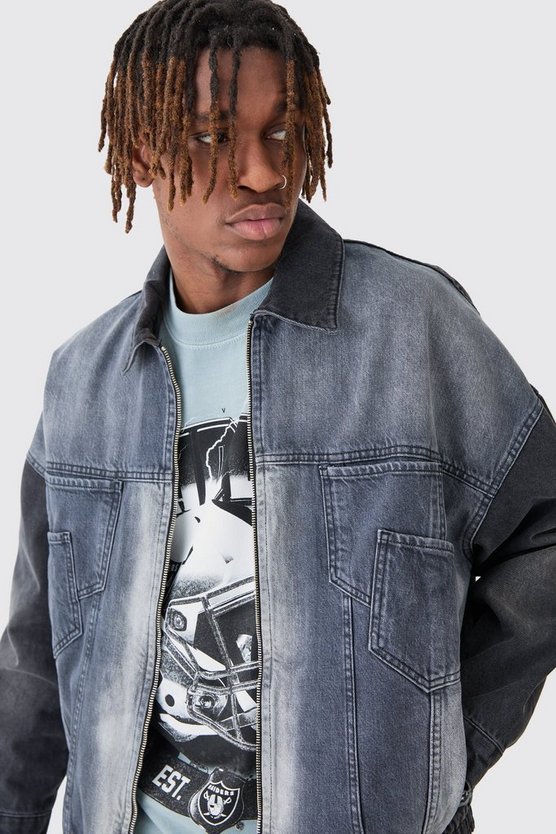 Oversize Nfl Raiders Jeansjacke mit Reißverschluss und gespleißter Applikation