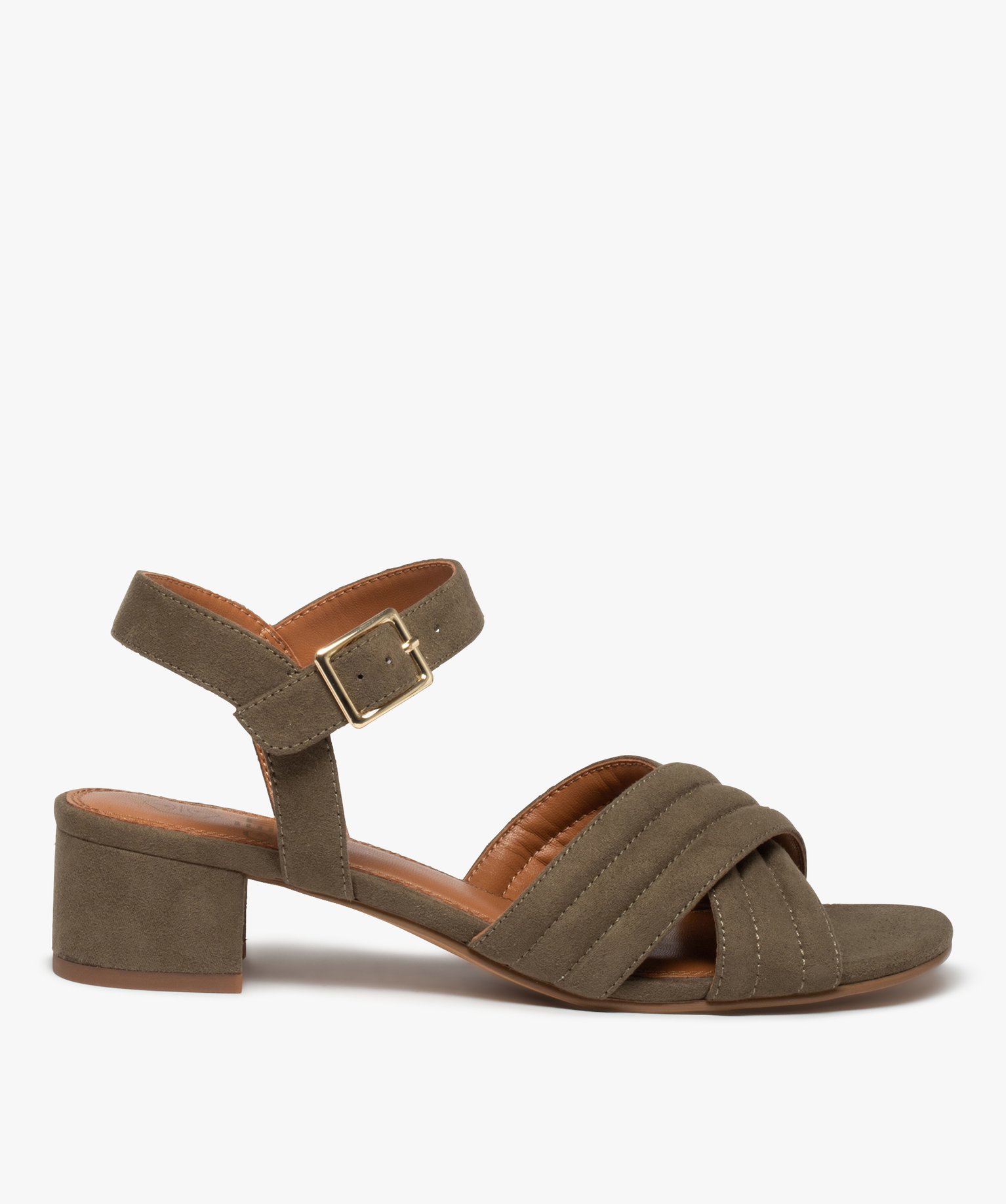 Sandales femme à brides matelassées en suédine et petit t... kaki | GEMO