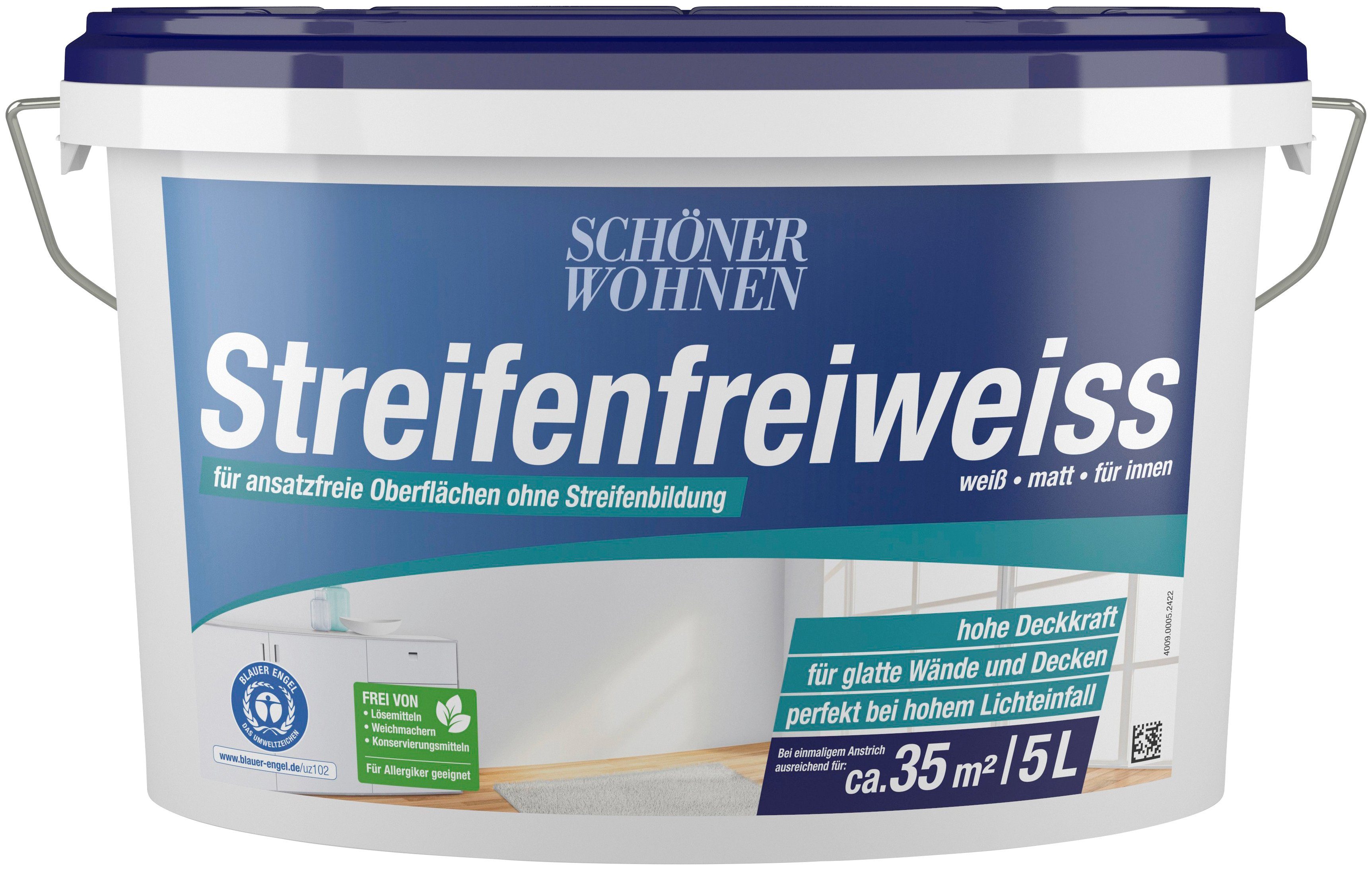 SCHÖNER WOHNEN FARBE Wand- und Deckenfarbe Streifenfreiweiss, weiß, für ansatzfreie Oberflächen ohne Streifenbildung