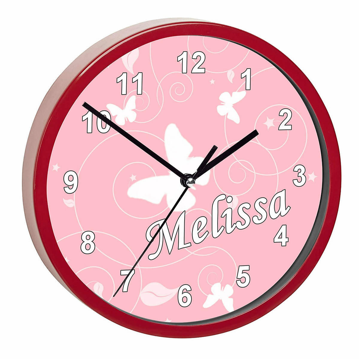 Kinder Wanduhr laufruhig personalisiert mit Name Schmetterling Altrosa