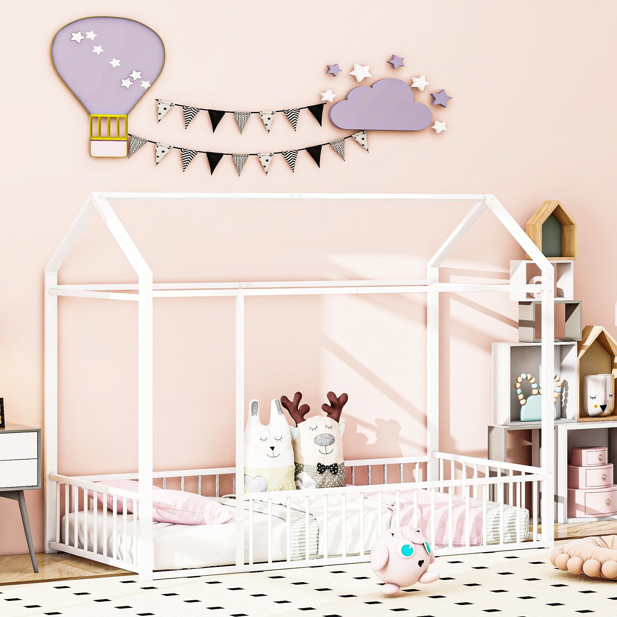 Flieks Metallbett, Kinderbett Hausbett Einzelbett 90X200cm mit Dach ohne Lattenrost