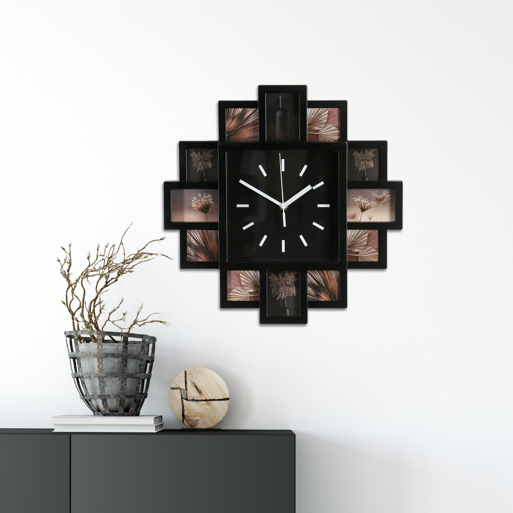 Wanduhr mit Collage schwarz
