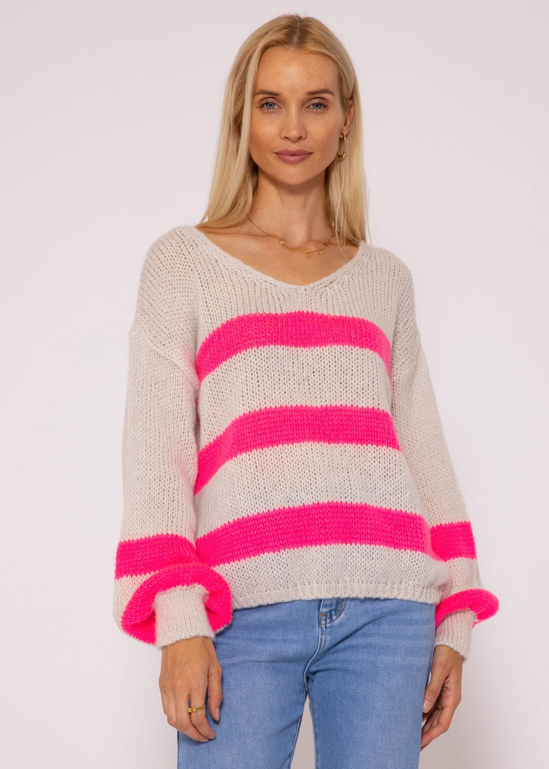 SASSYCLASSY Strickpullover Oversize Pullover Damen aus weichem Grobstrick Lässiger Strickpullover mit Streifen und V-Ausschnitt, Made in Italy