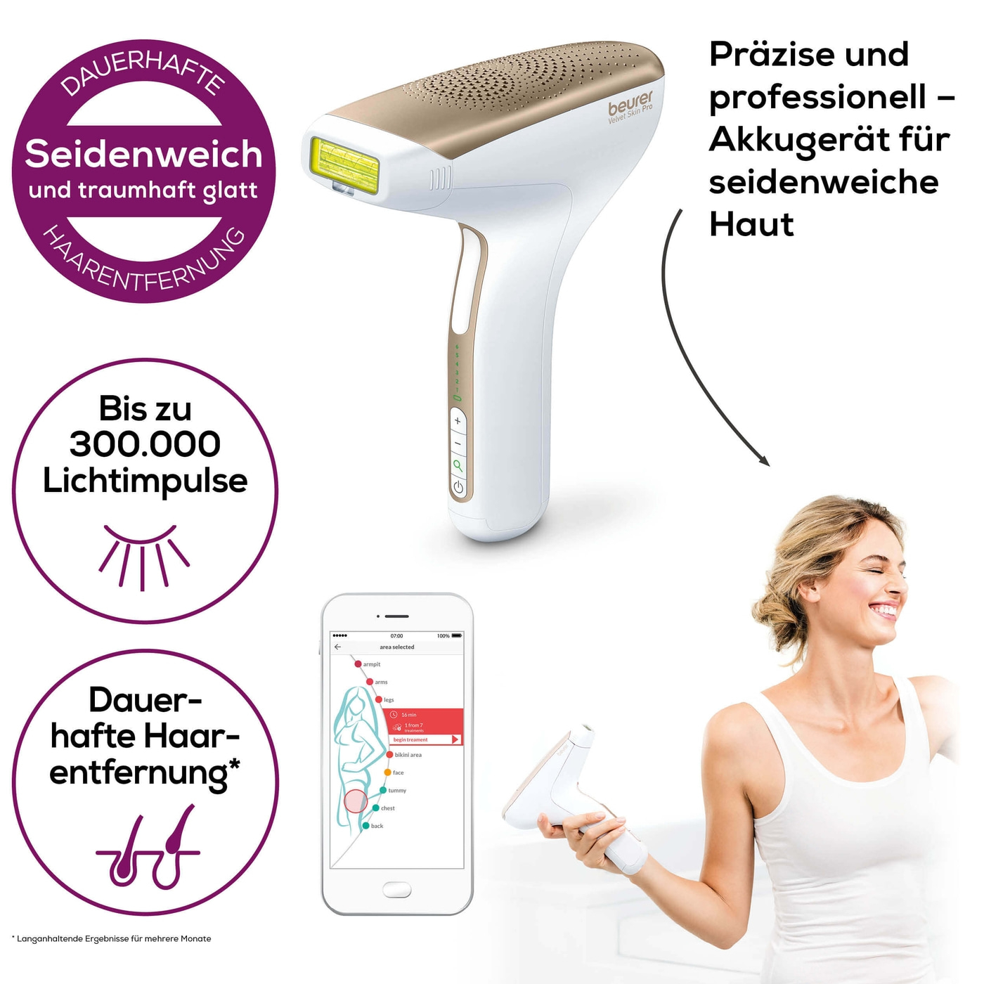 Beurer dauerhafte Haarentfernung IPL Velvet Skin Pro-IPL Haarentfernungsgerät mit integriertem Akku