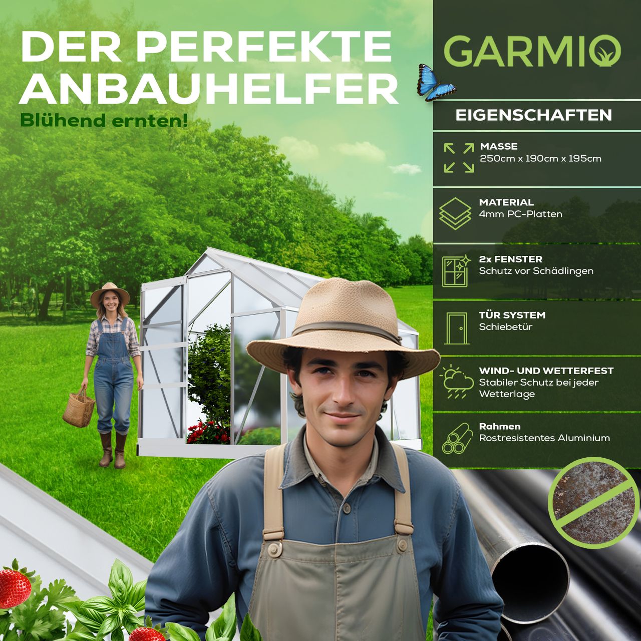 Garmio Gewächshaus NEAPEL 250x190cm für Garten,Alu Frühbeet inklusive Fundament,2 Dachfenster