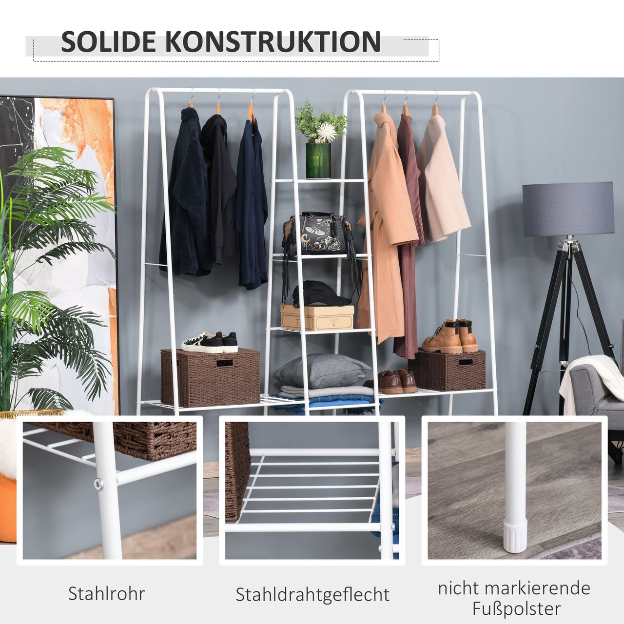 HOMCOM Kleiderständer mit Schuhablage Freistehender Kleiderstange Garderobenständer Stahl Weiß 176 x 47 x 177 cm