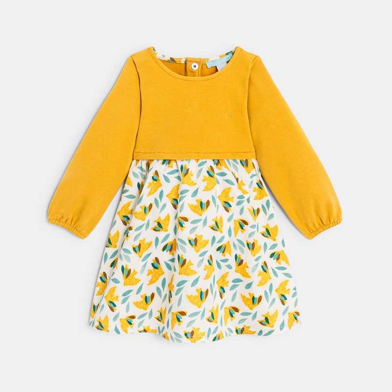 Robe bi-matière imprimée oiseaux jaune bébé fille