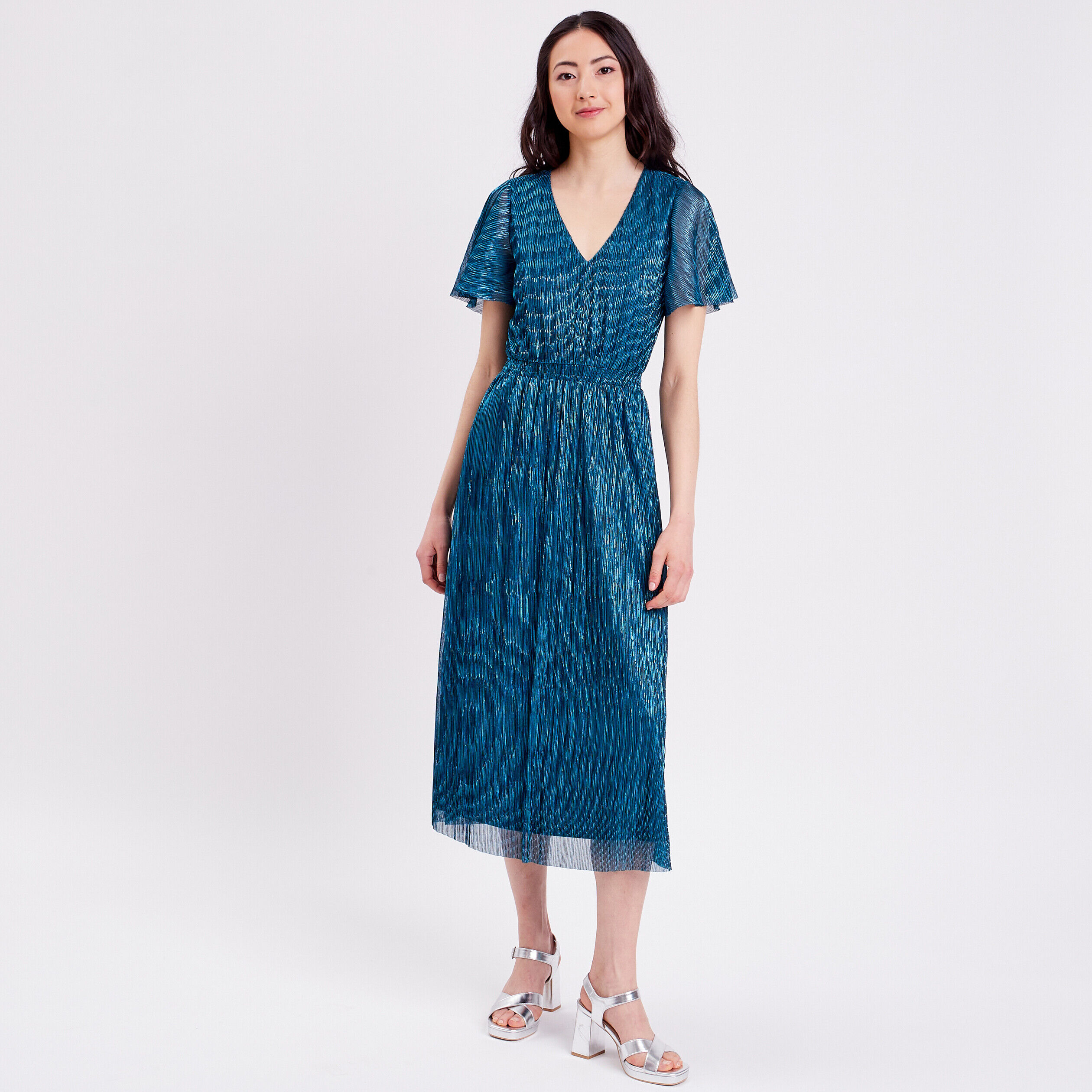 Robe longue évasée plissée bleu canard femme | Cache Cache
