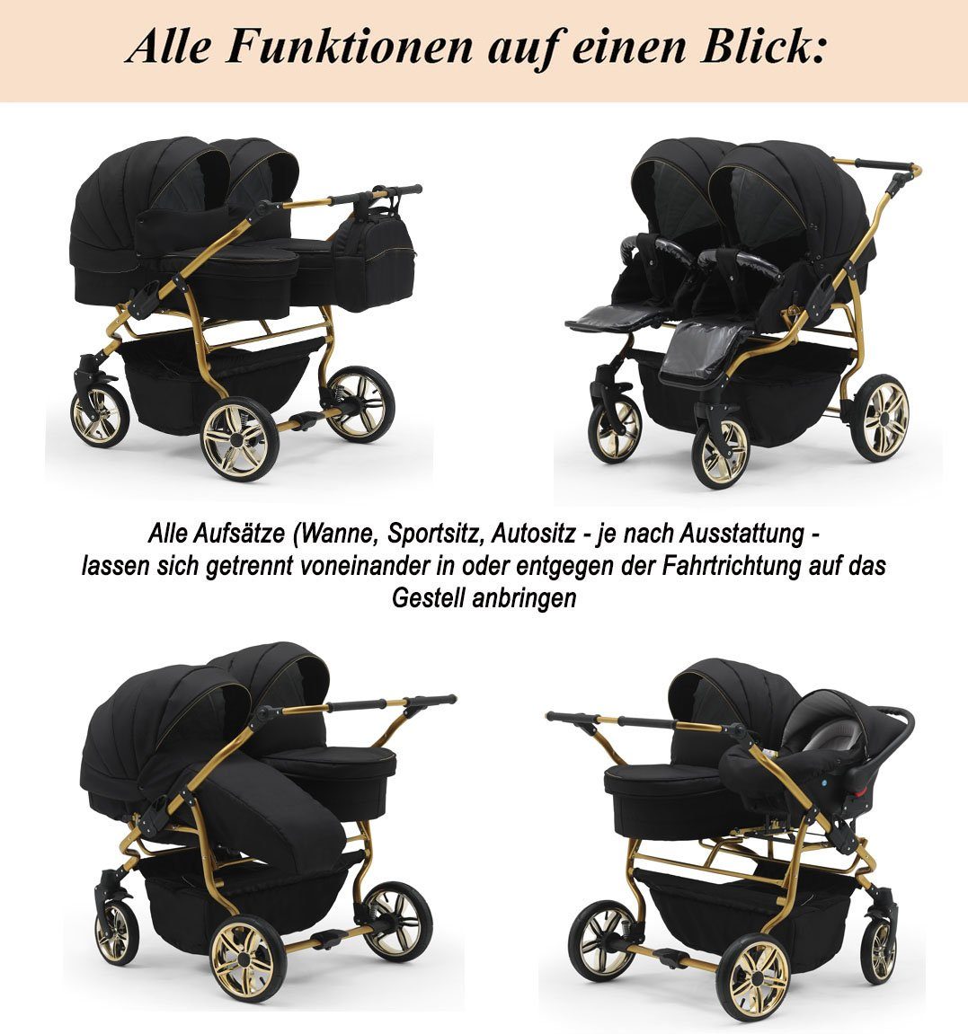 babies-on-wheels Zwillingswagen Duet Lux Gold 3 in 1 inkl. Autositze - 13 Teile - in 33 Farben