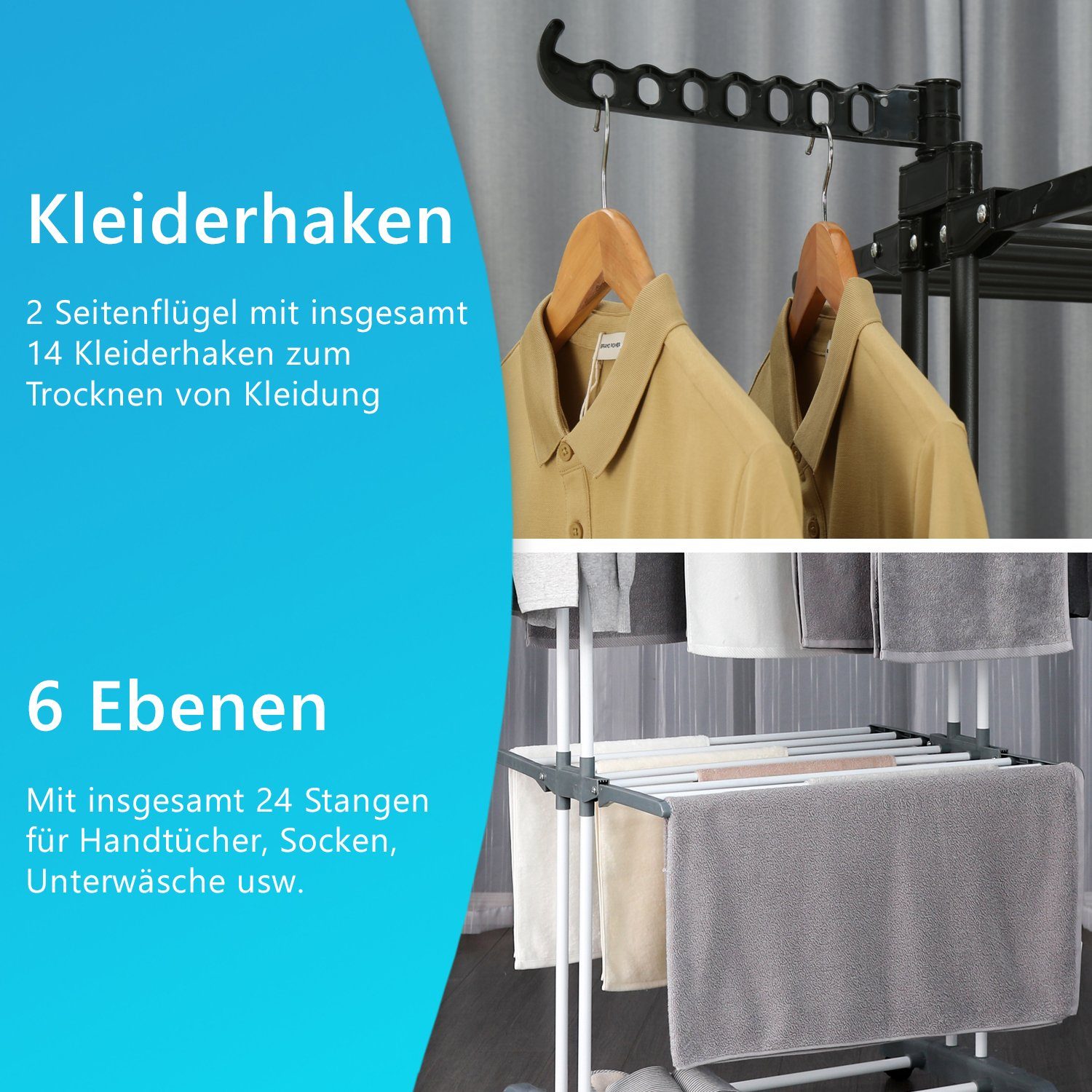 NYVI Turmwäscheständer Wäscheständer Turm LaundryFlex Turmwäscheständer Extra Groß & Stabil, Robuster Edelstahl Platzsparend Einklappbar 360° Räder 50Kg Tragkraft