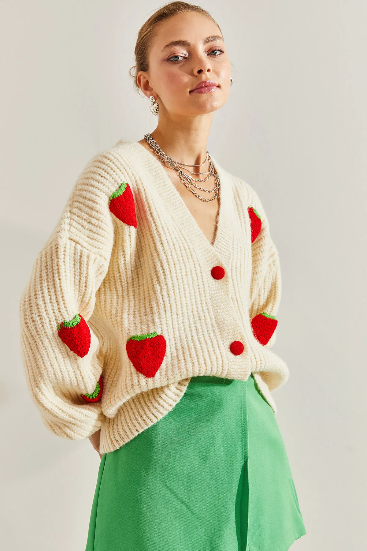 Bianco Lucci  Erdbeer-Strickjacke für Damen mit Knöpfen