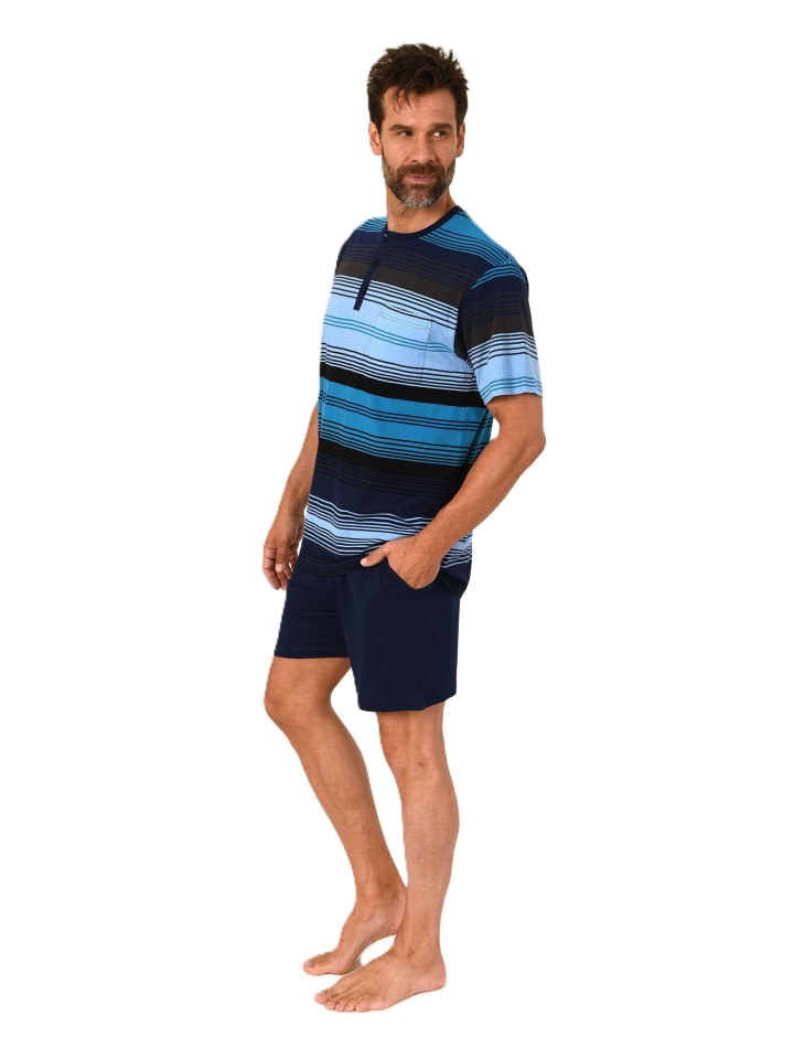 NORMANN Kurzarm Schlafanzug Pyjama Shorty Streifen in marine günstig kaufen