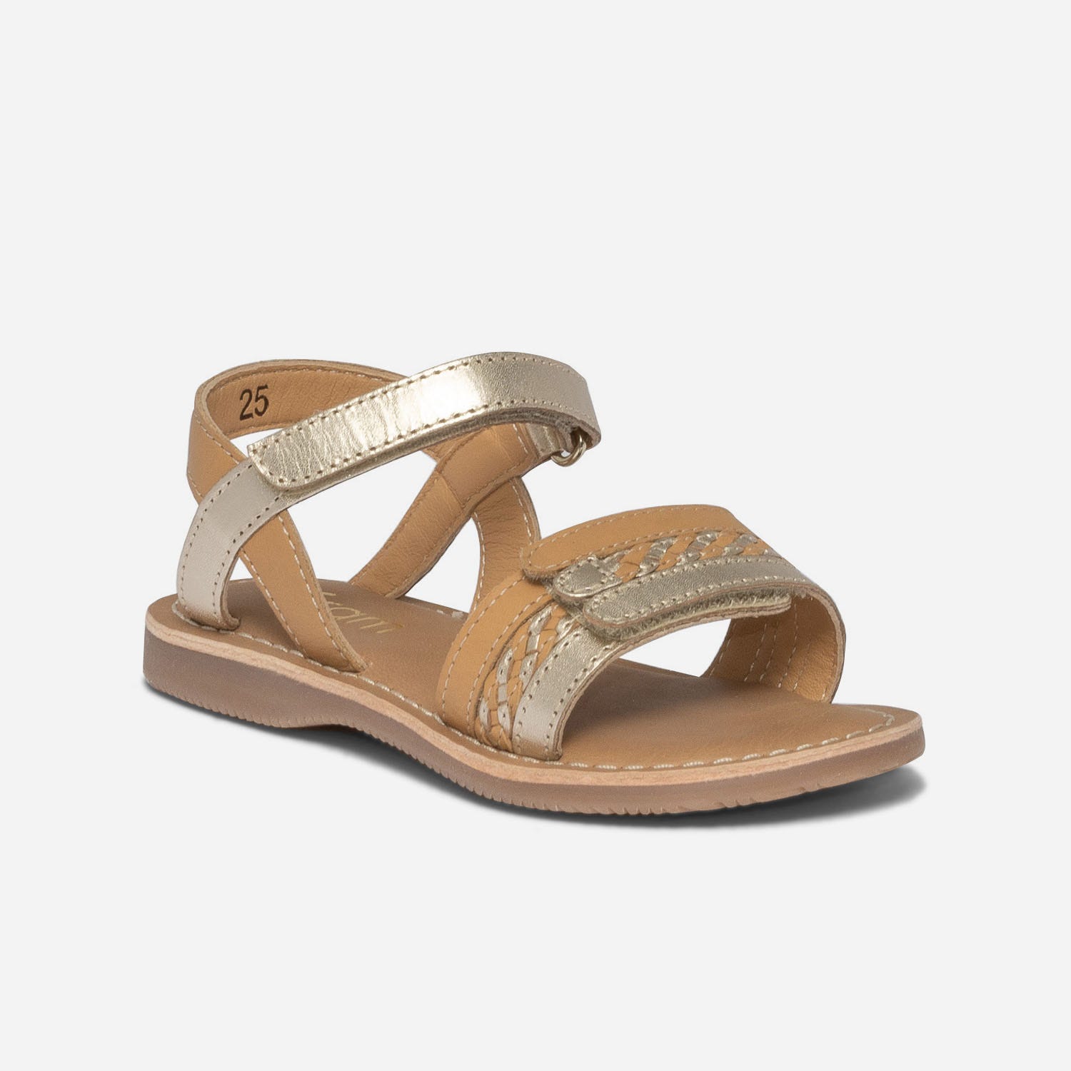 Sandale camel et doré en cuir à scratchs