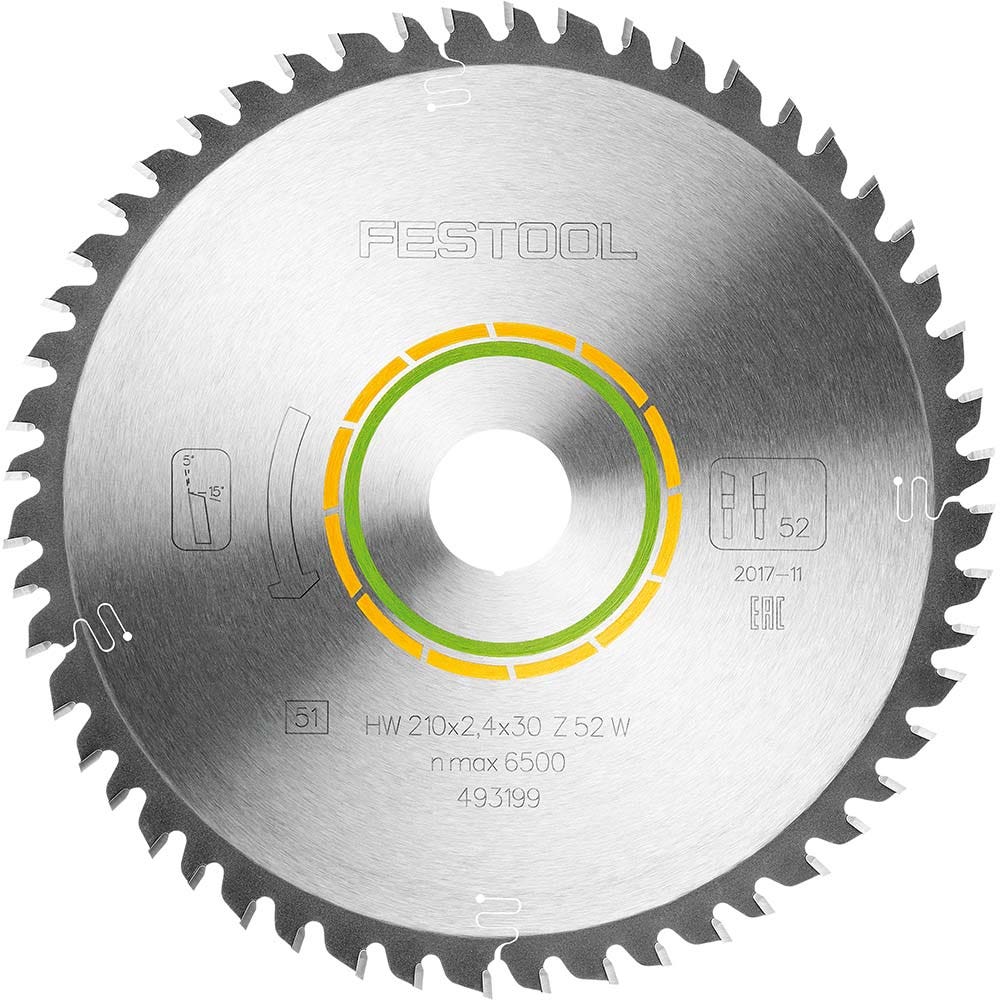 Lâmina de serra FESTOOL de 210 mm com 52 dentes TCT para corte de painéis folheados.