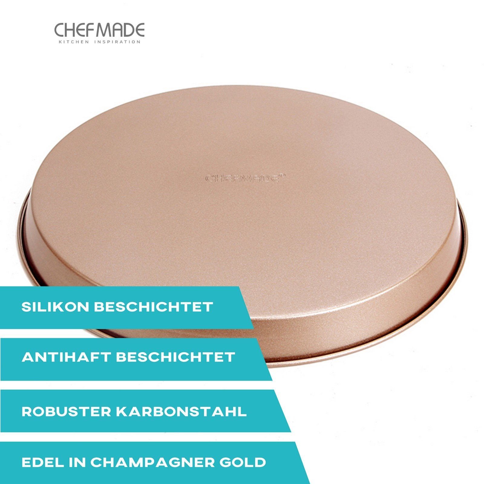Chefmade Pizzablech Backblech, Karbonstahl, (CHEFMADE, 28cm Pizzablech rund, 279x25mm, Champagnergold, antihaft- & silikonbeschichtet, Pizzaform, Kuchenblech, Tarteform, Quicheform, Ofenblech, Karbonstahl, 1-St., Premium), Pizzablech - Pizzablech Run