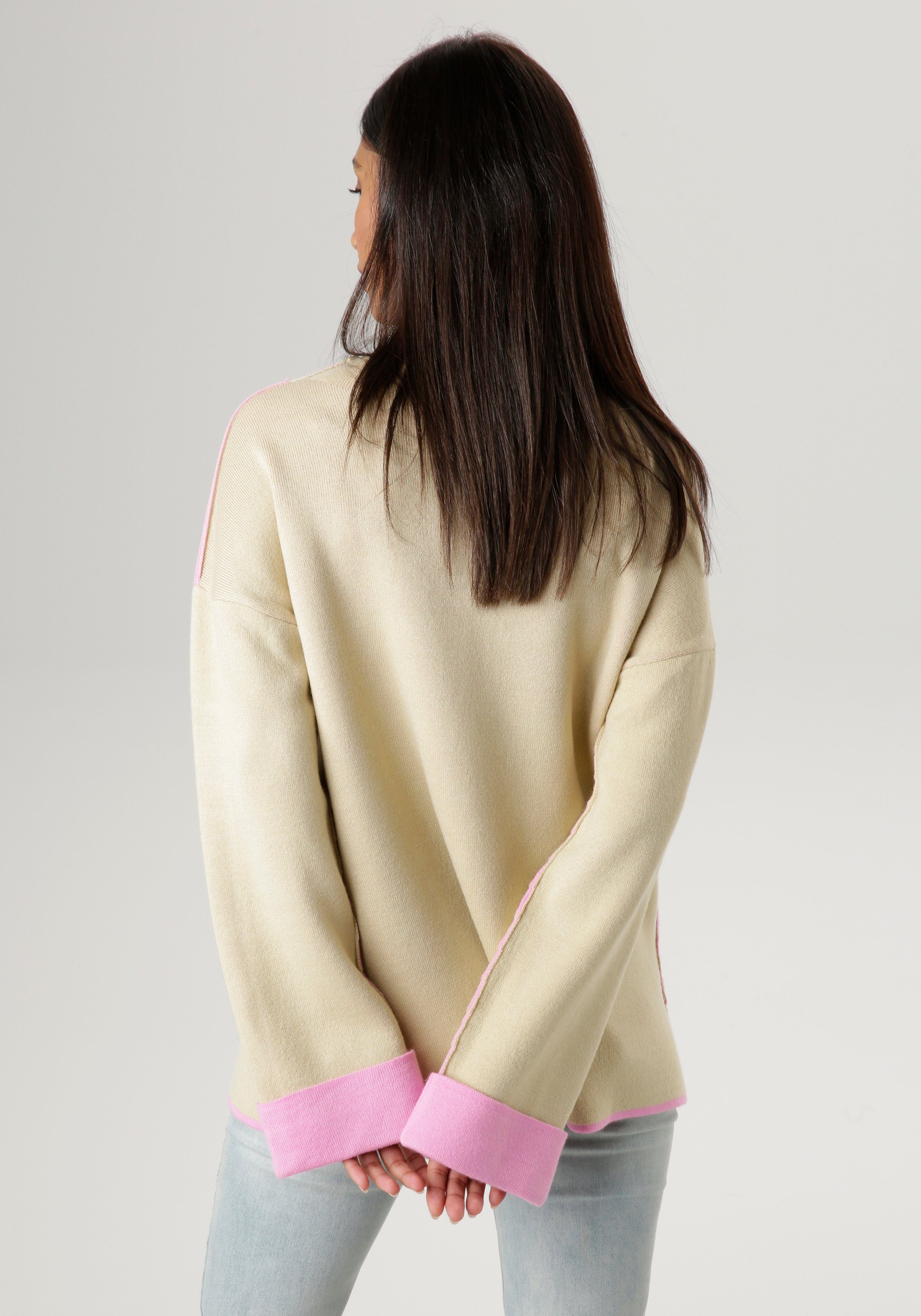 Aniston SELECTED Strickpullover mit rosafarbenen Zierkanten - NEUE KOLLEKTION