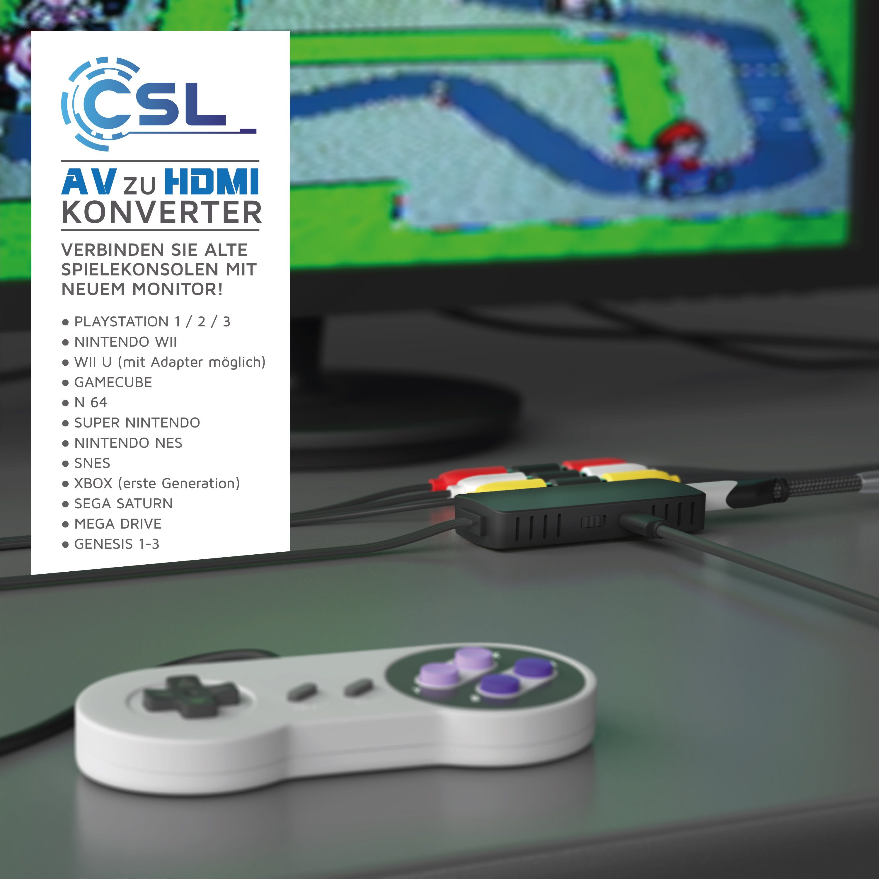 CSL Video-Adapter USB Typ A zu HDMI Typ A, Component-Video, Cinch, RCA Konverter, AV Composite, kompatibel zu Pal NTSC, 720p 1080p FullHD