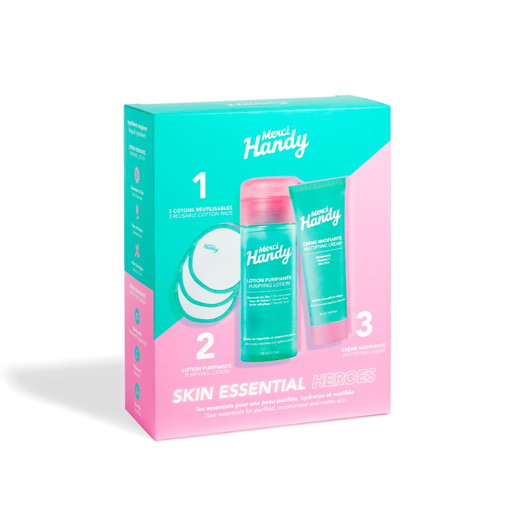Merci Handy Skin Essential Heroes Lotion purifiante, crème matifiante et 3 cotons réutilisables